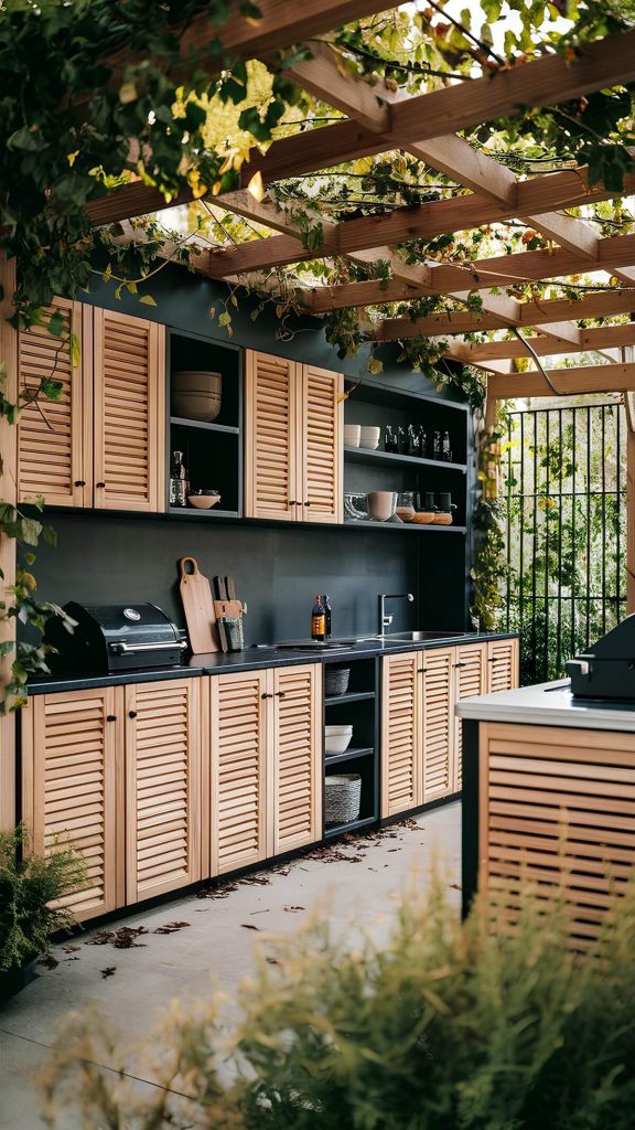 Outdoor Kitchen Idea with wood and Black aesthetics