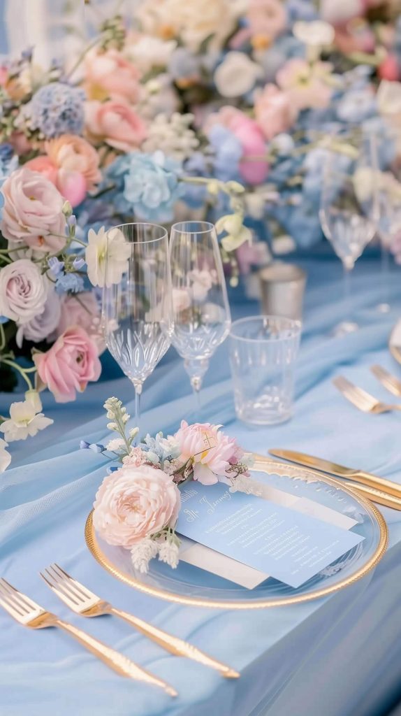 blue and pink table arrangement