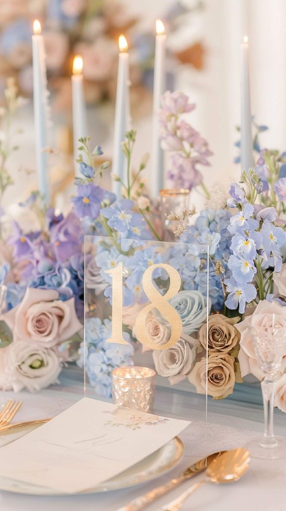 Blue and purple table decor
