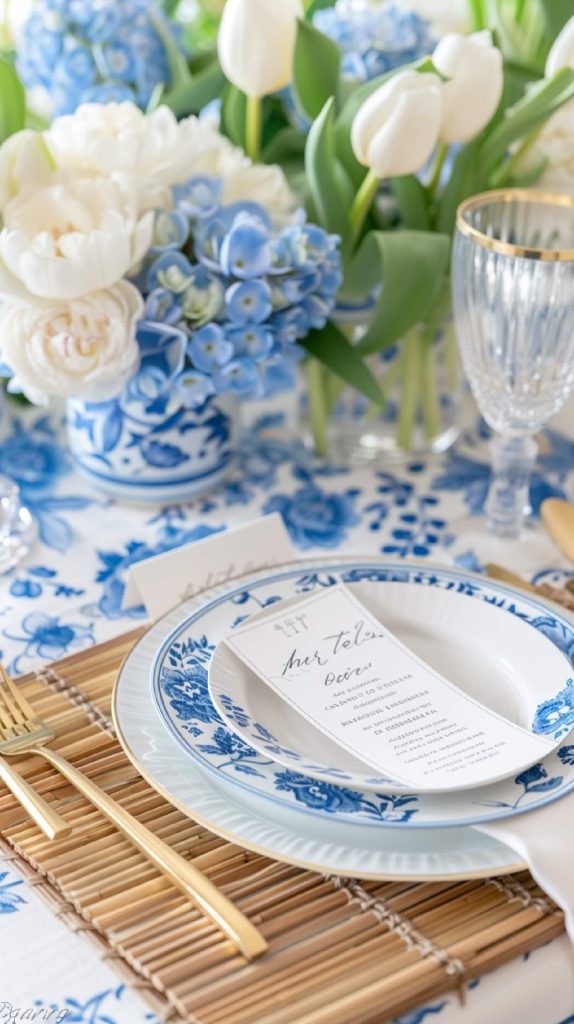 Blue and white wedding table decor