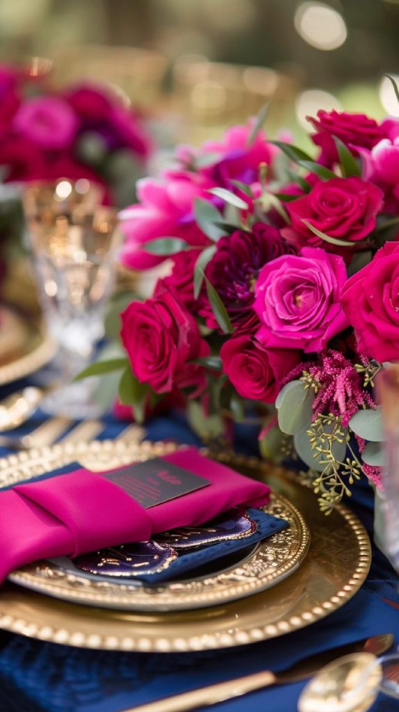 Magenta and blue wedding table decor