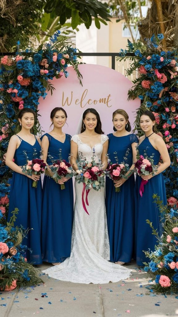 blue and pink bridesmaid outfit
