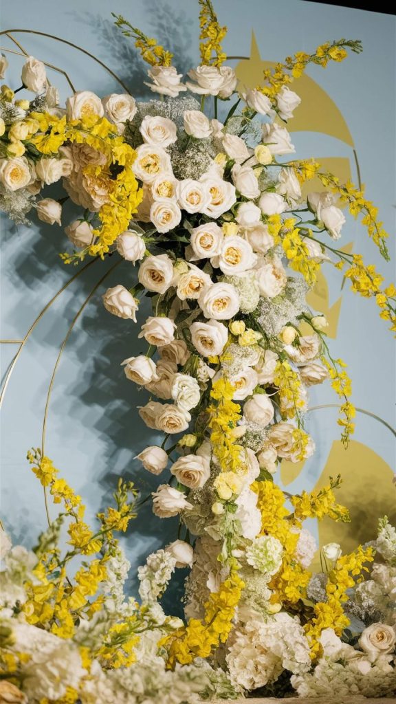 Floral decoration arrangement for blue and yellow wedding
