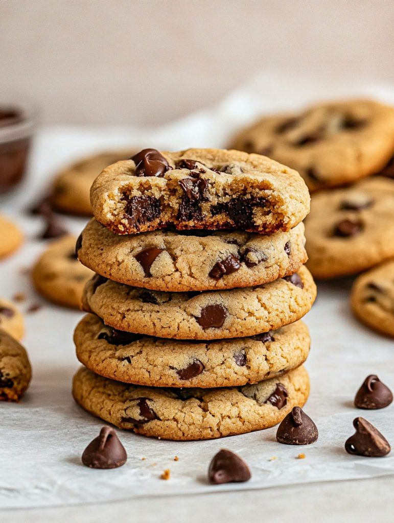 Chocolate chip cookies stacked