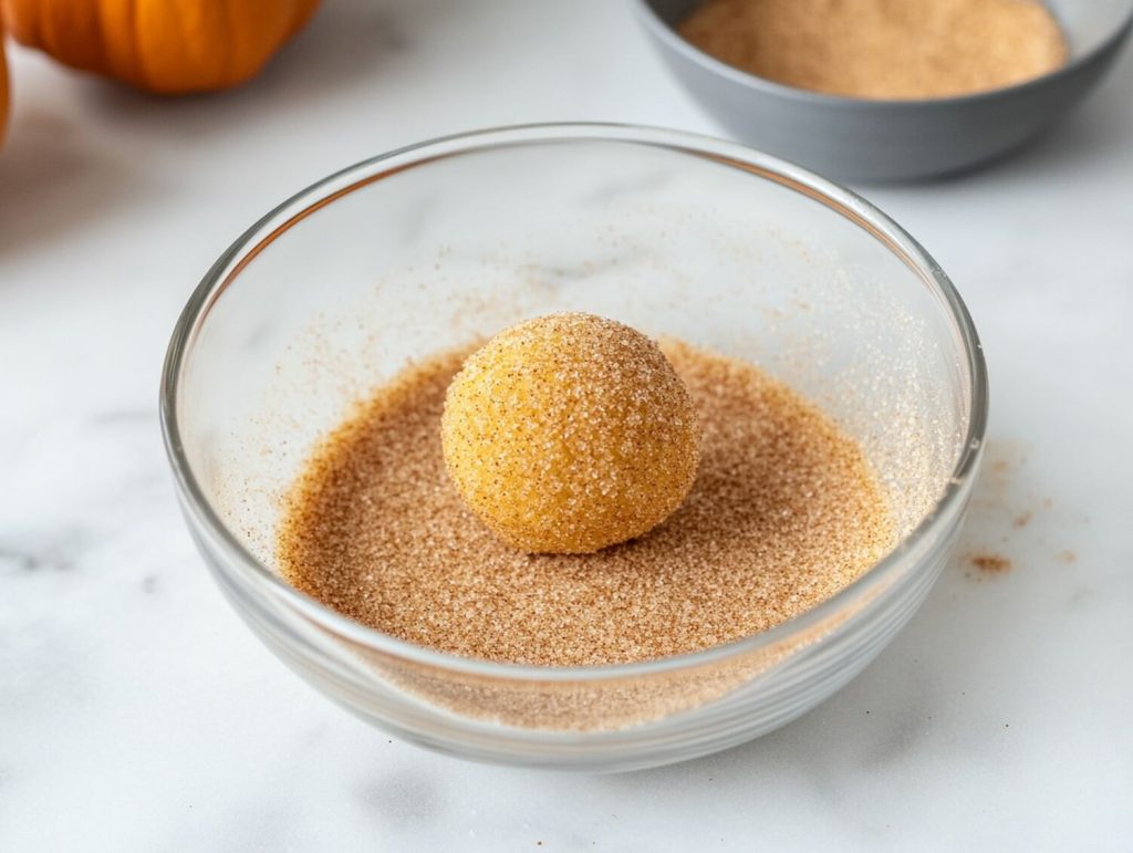 Coating the Pumpkin Snickerdoodle Cookies dough with sugar and cinnamon