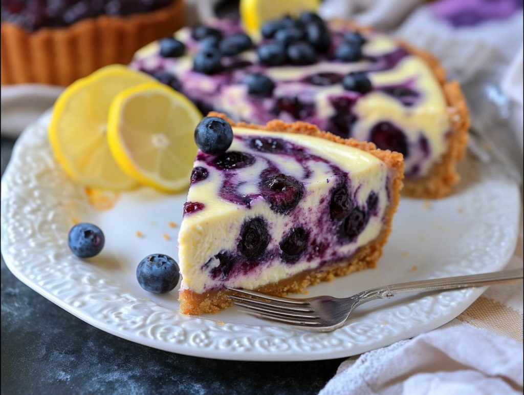 A slice of lemon Blueberry cheesecake
