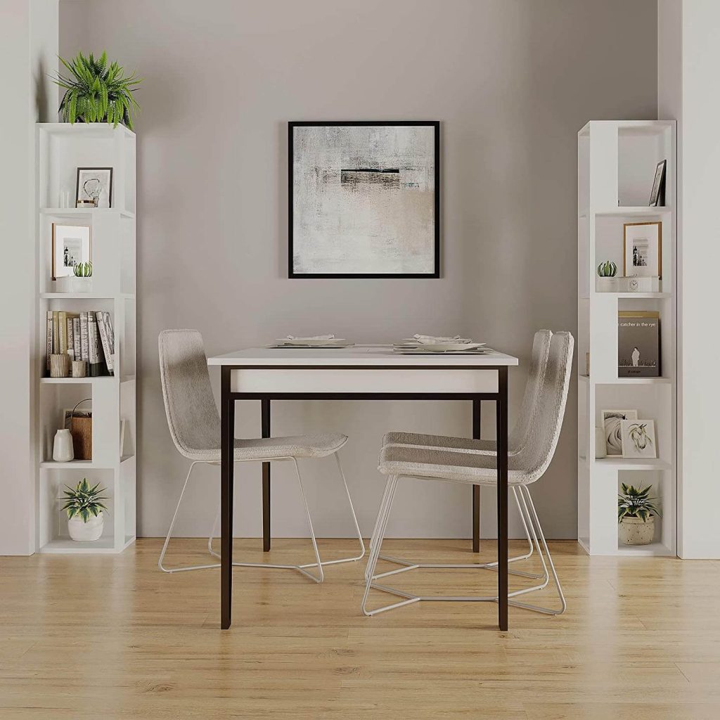 Contemporary Corner Bookshelves Enhancing a Sleek Dining Space