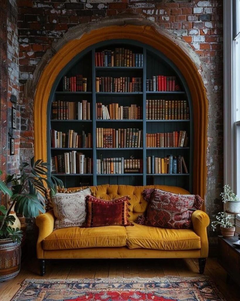 Rustic Bookshelf Design with Mustard Accents 