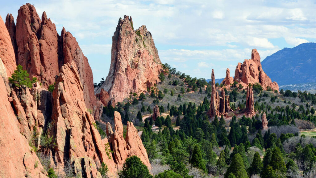 Jutting red peaks reach for the sky at Garden of the Gods