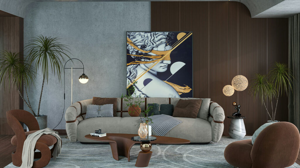 a living room filled with furniture and a painting on the wall