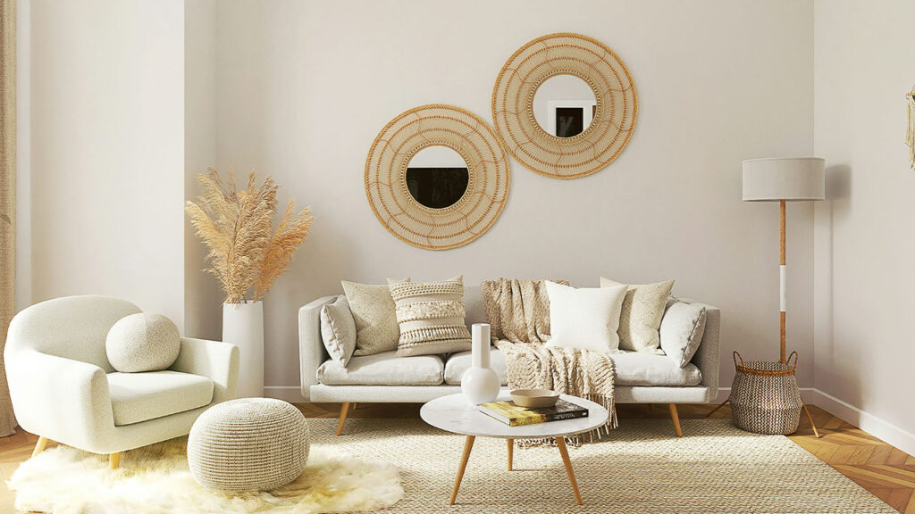 a living room filled with furniture and a mirror