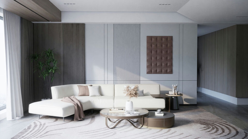 a living room filled with furniture and a large window