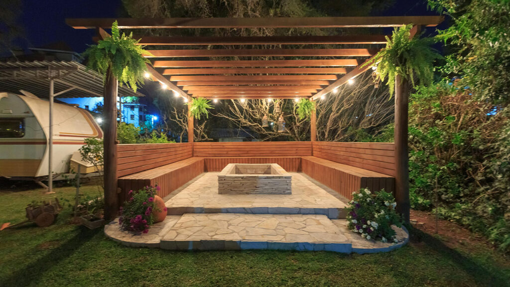 Wooden Benches around Fireplace Area