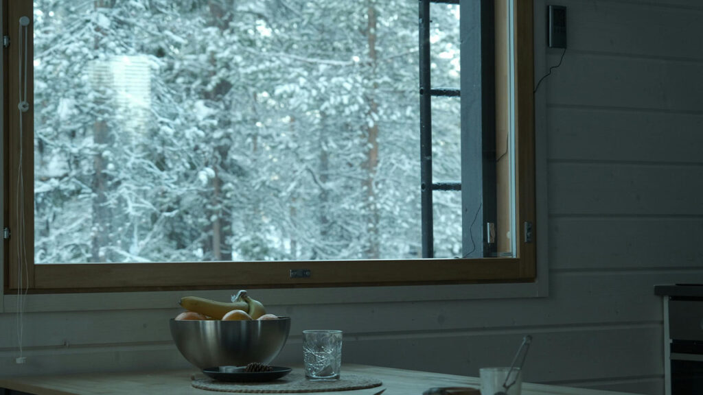 Table next to a Window in the Kitchen with the View of a Snowy Forest