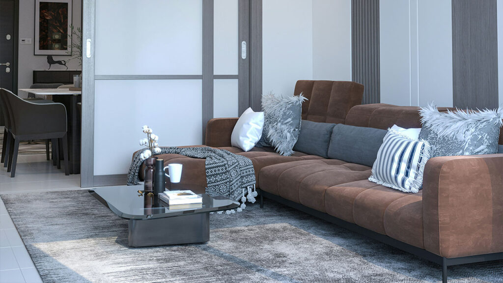 a living room with a couch and a table