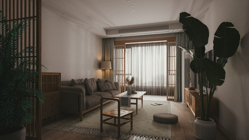 a living room filled with furniture and a plant