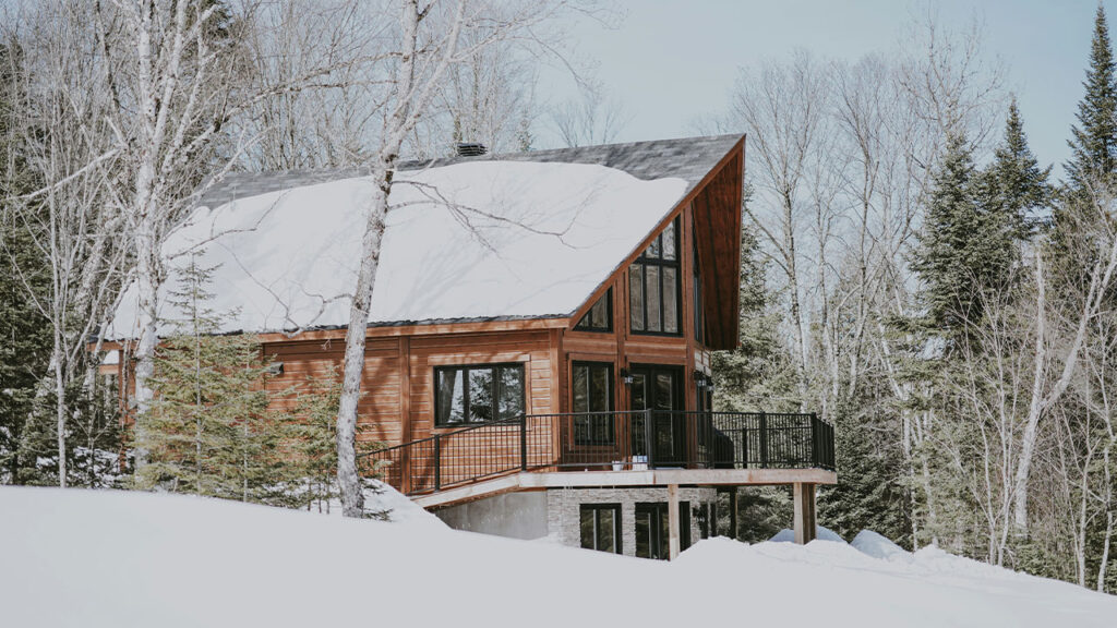 cabin near snowy forest