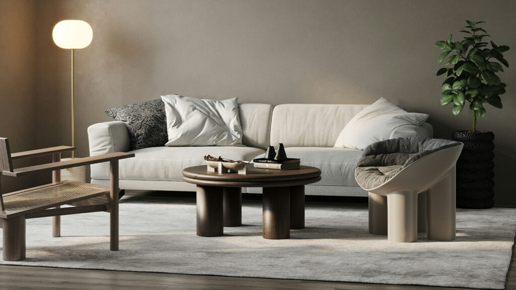 a living room with a couch, chair and table