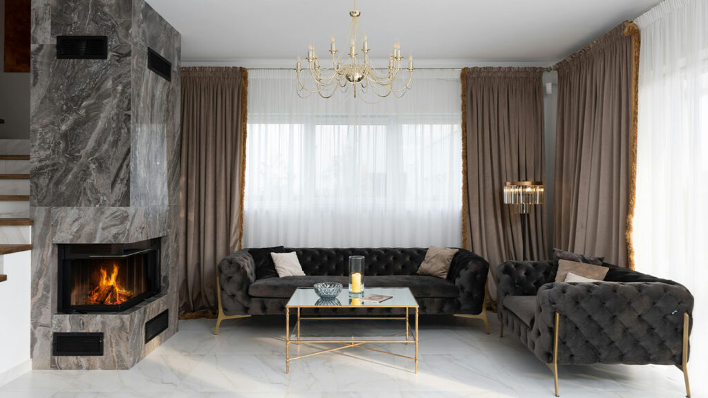 Cozy living room with fireplace and sofas