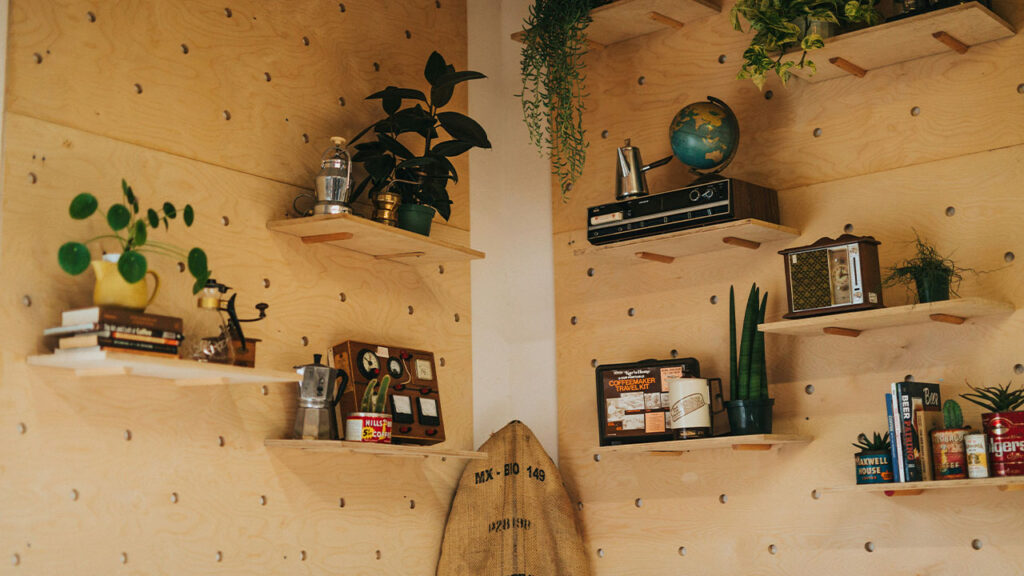 books, pot of plant, globe, and moka pot on wooden floating shelves