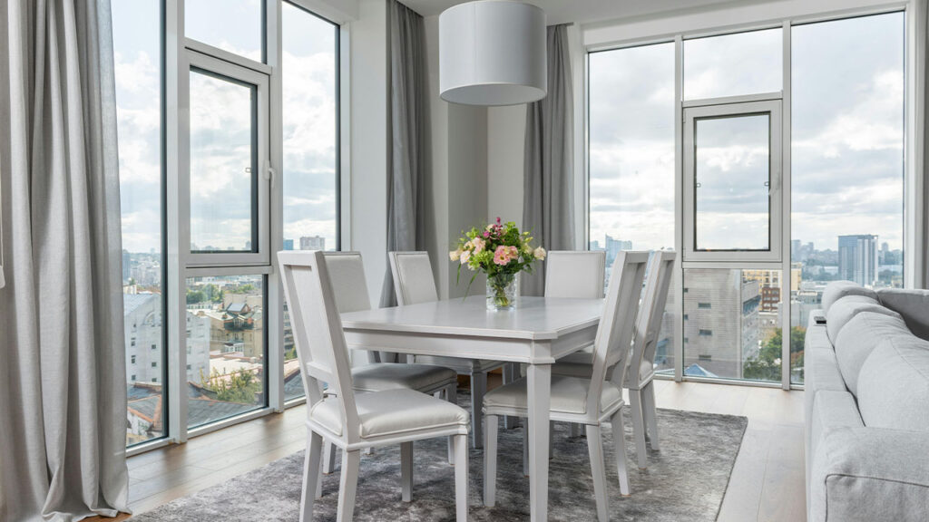 Interior of modern dining room in daylight