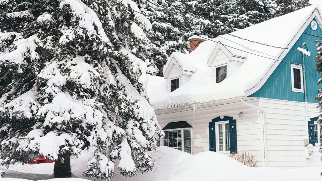 brown house covered with snow near trees during daytime