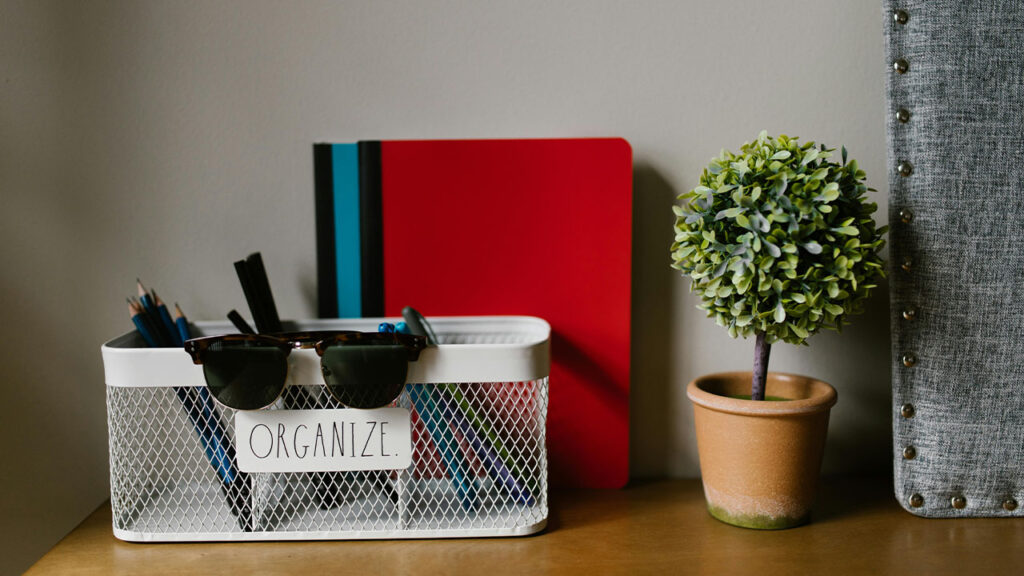 Decorative Mini Tree in a Pot Next to an Organizer with Writing Utensils