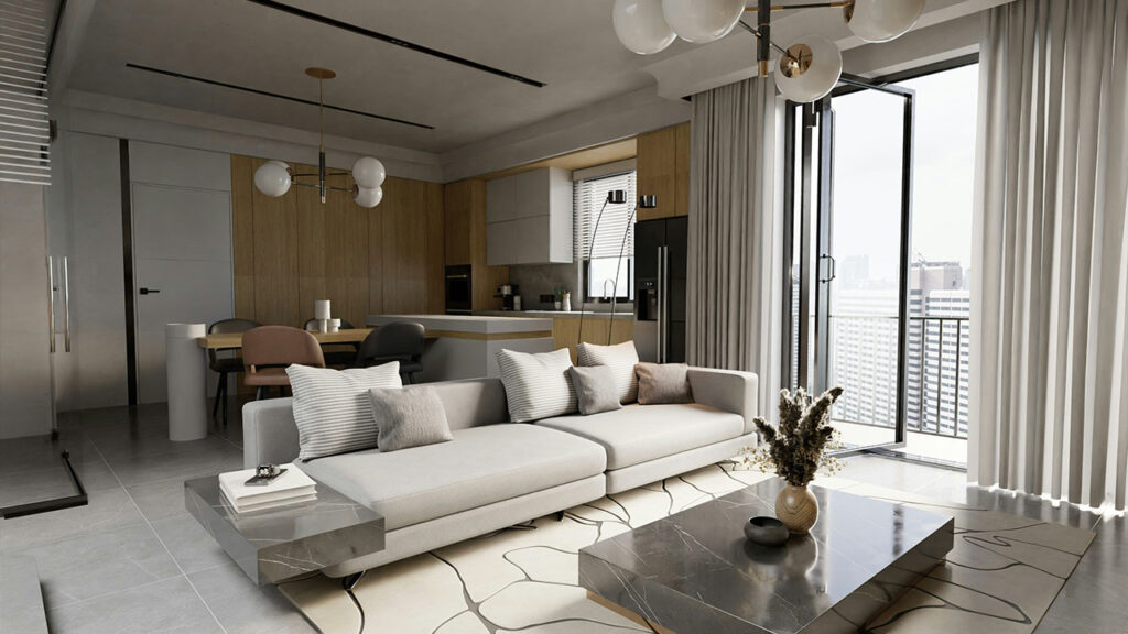 A living room with a couch a table and a large window