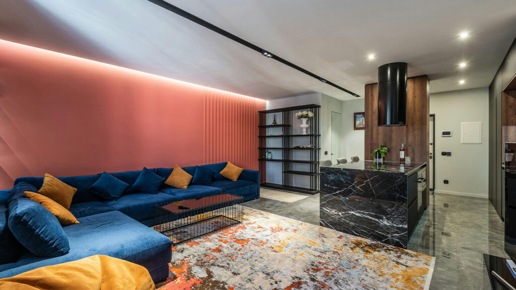 Modern room interior with furniture on marble floor at home