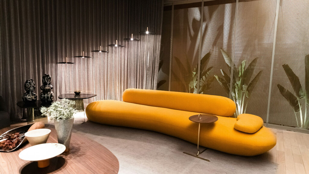 a living room with a couch and a table