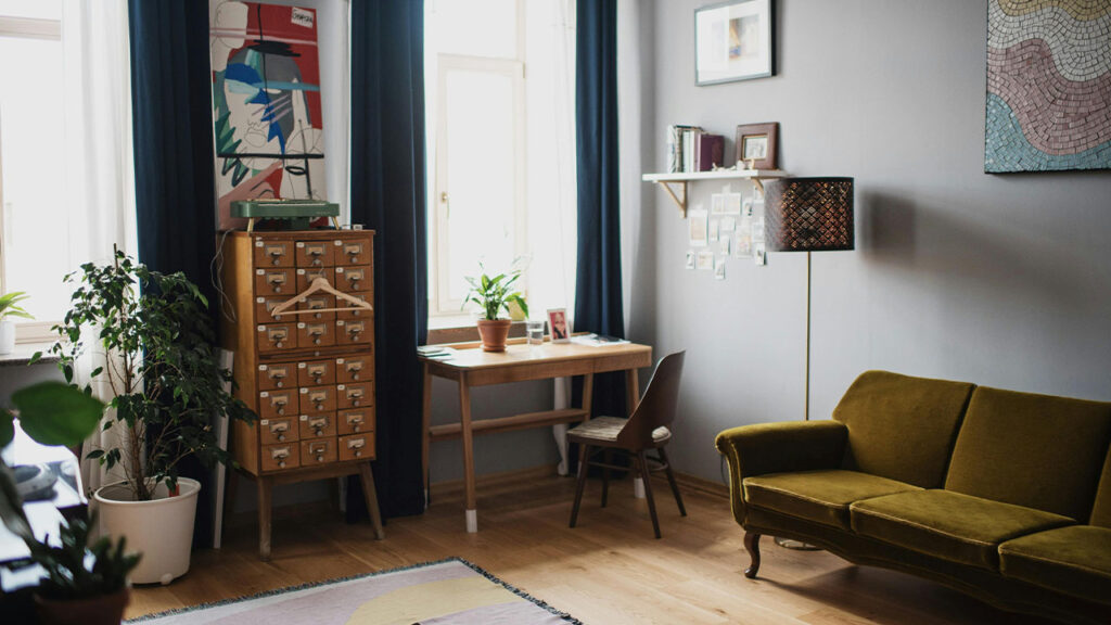 Modern interior style with wooden floor and cozy sofa