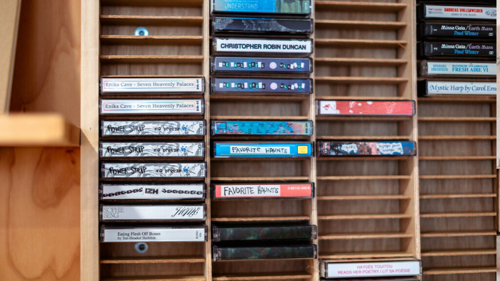 A wooden shelf filled with lots of dvds