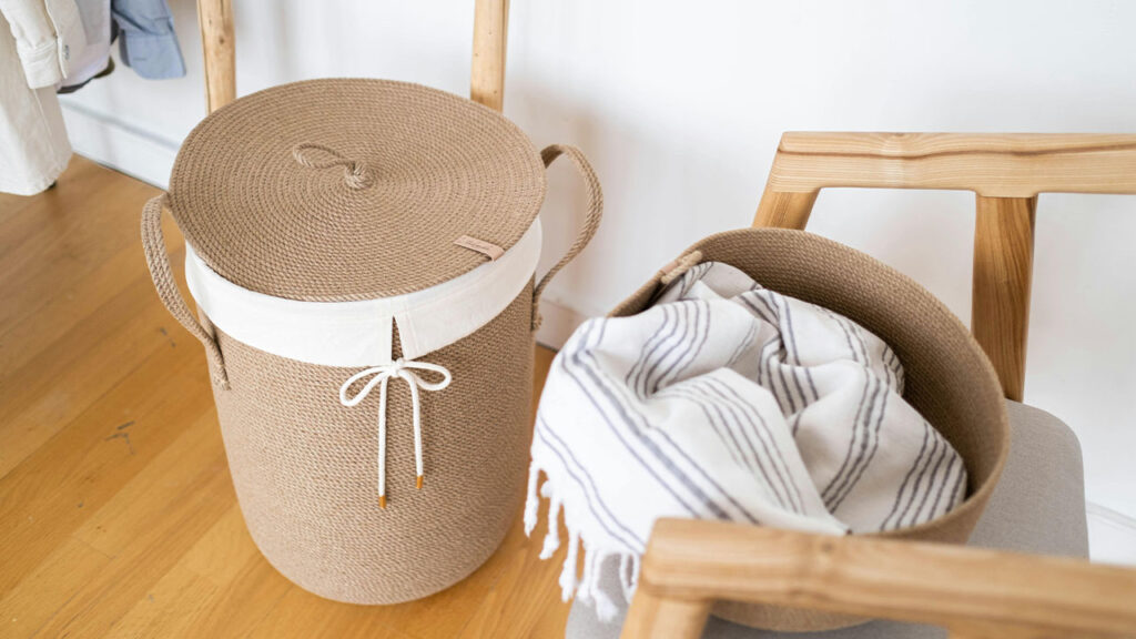 White and Brown Laundry Basket on the Floor