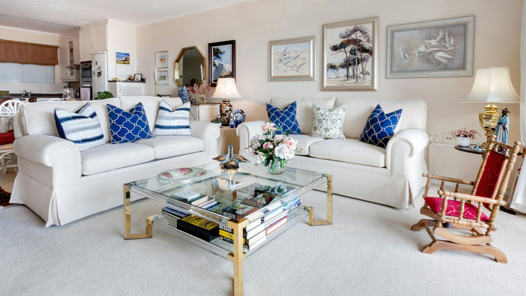 Square Glass Top Coffee Table and Two White Leather 2-seat Sofas