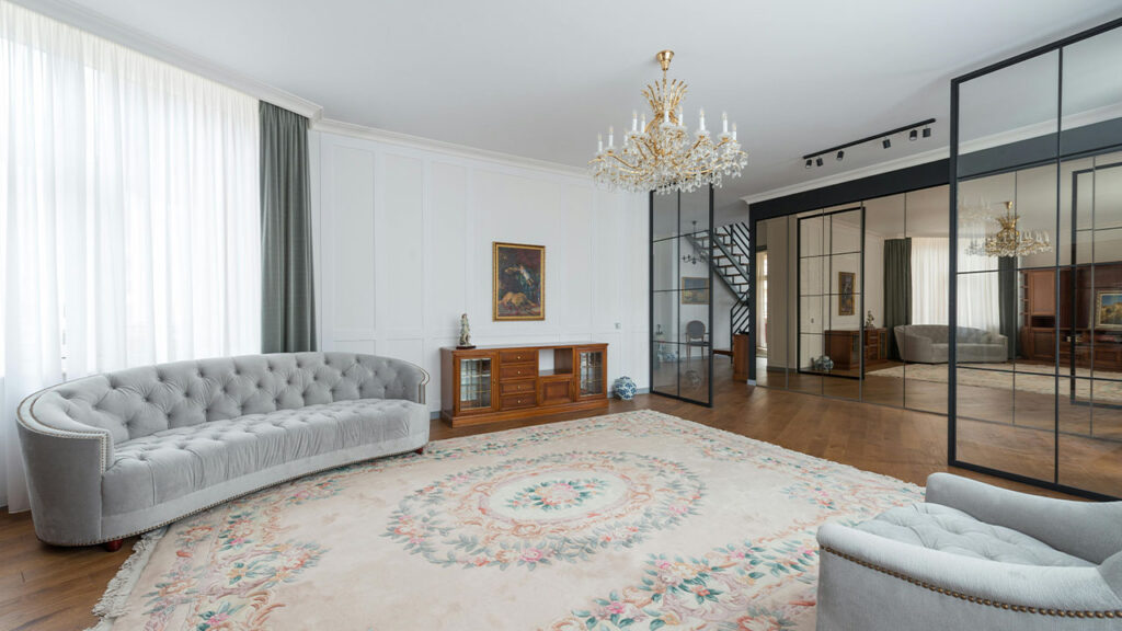 Spacious living room with couch