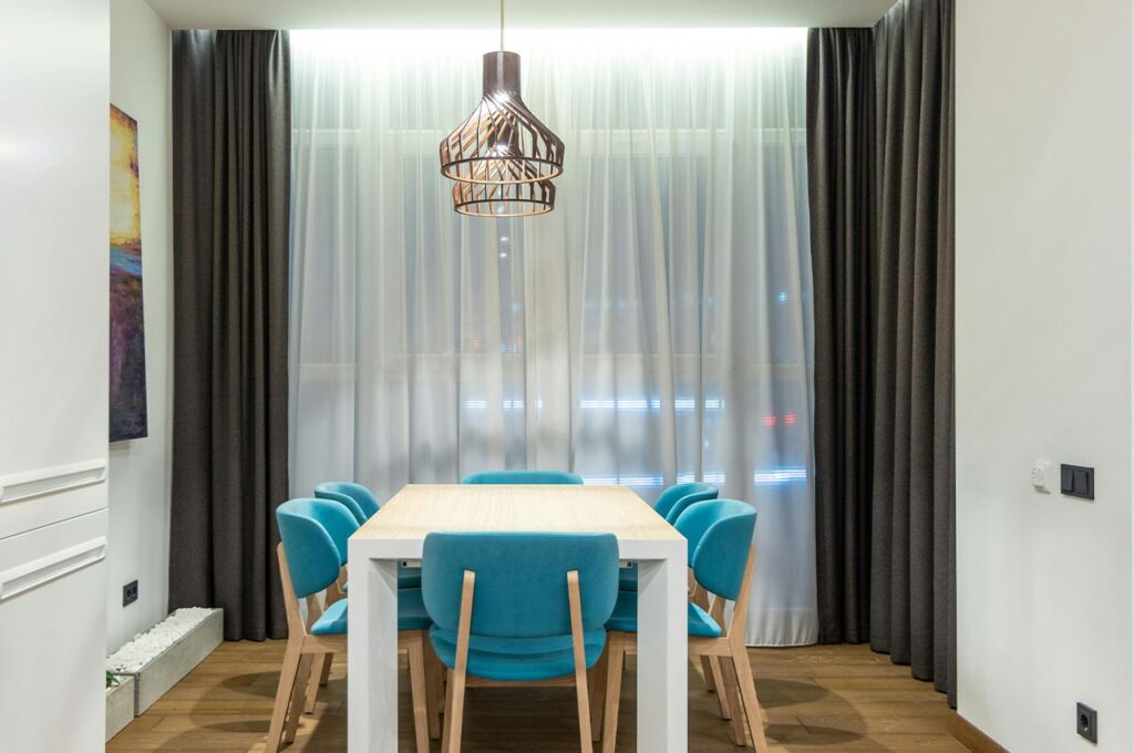 Blue dining with good lighting