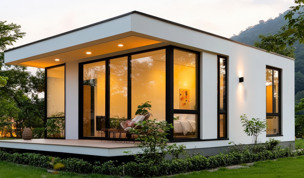 Modern minimalist home at sunset with large windows and lush greenery