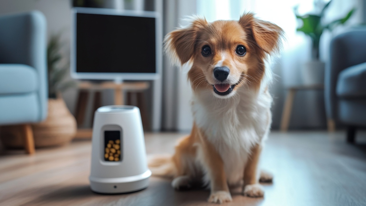 Happy small dog with playful expression near pet dispenser in cozy living room