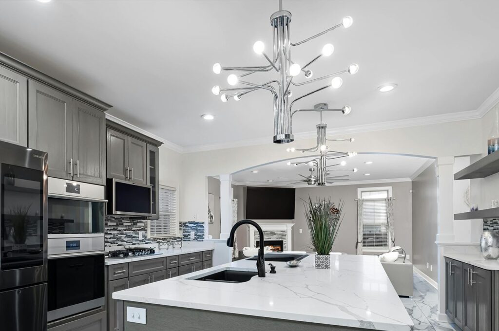 Statement lighting in kitchen