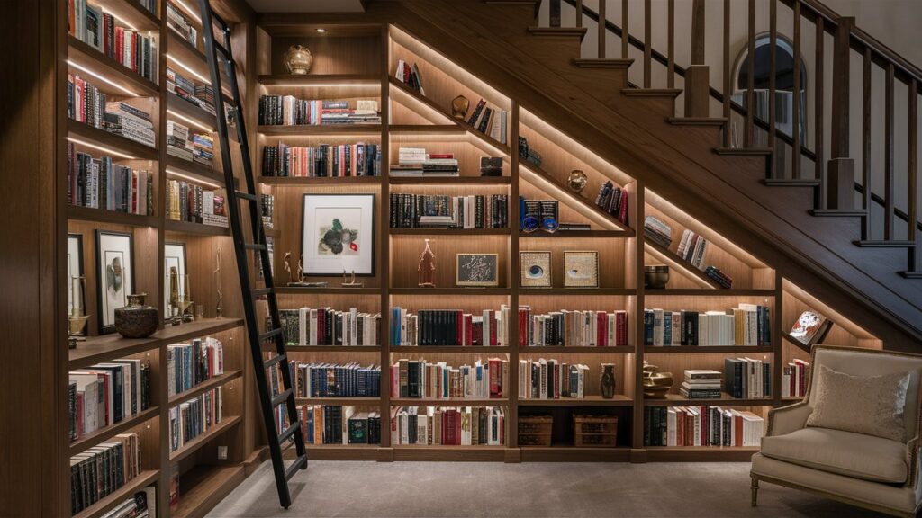 under stairs library
