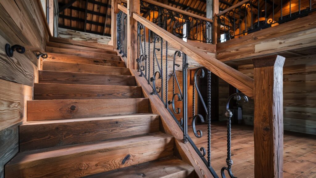 Rustic Wooden Staircase with Wrought Iron Details