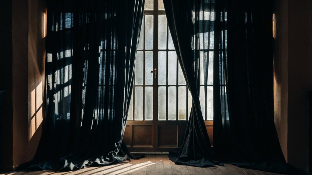 black curtains