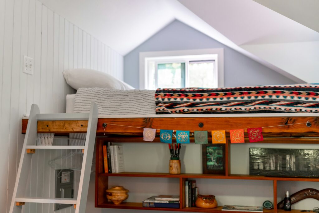 A loft bed in a tiny home.