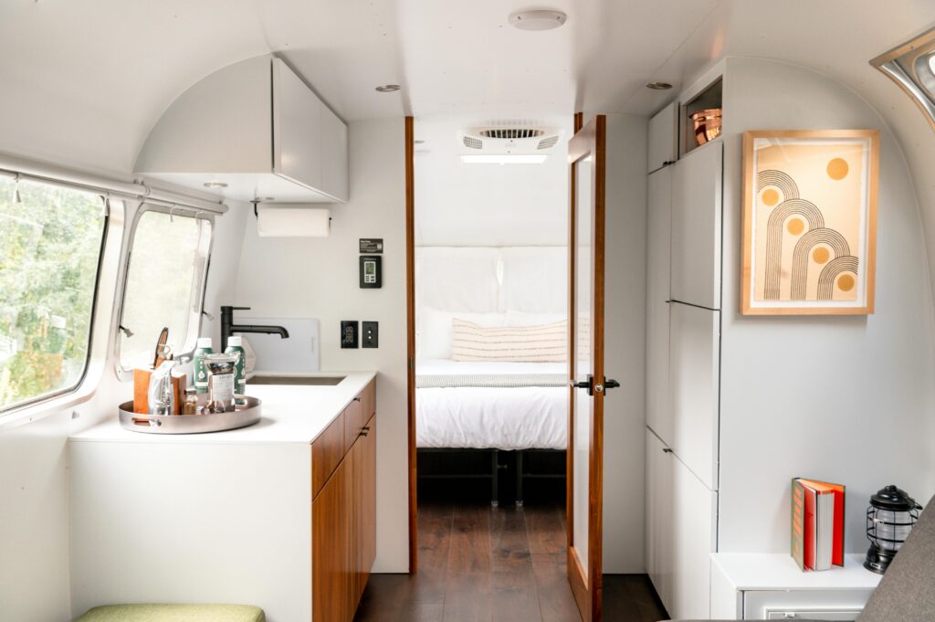 Tiny home interior painted in white.