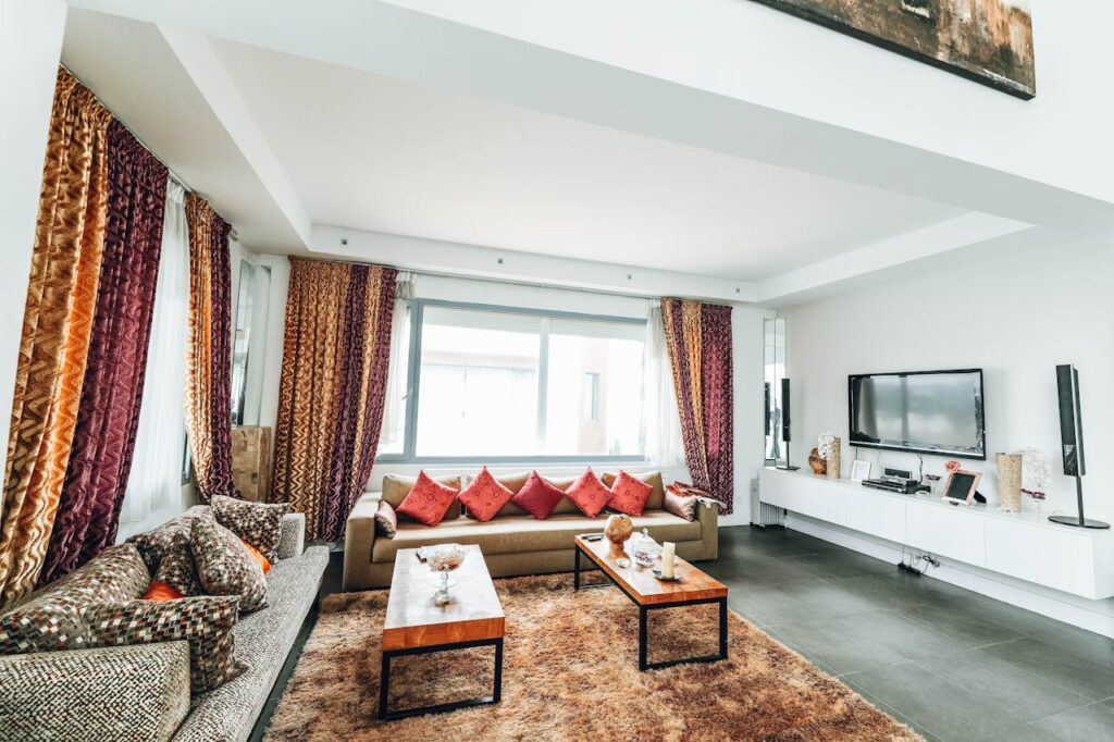 Draped curtains in living room