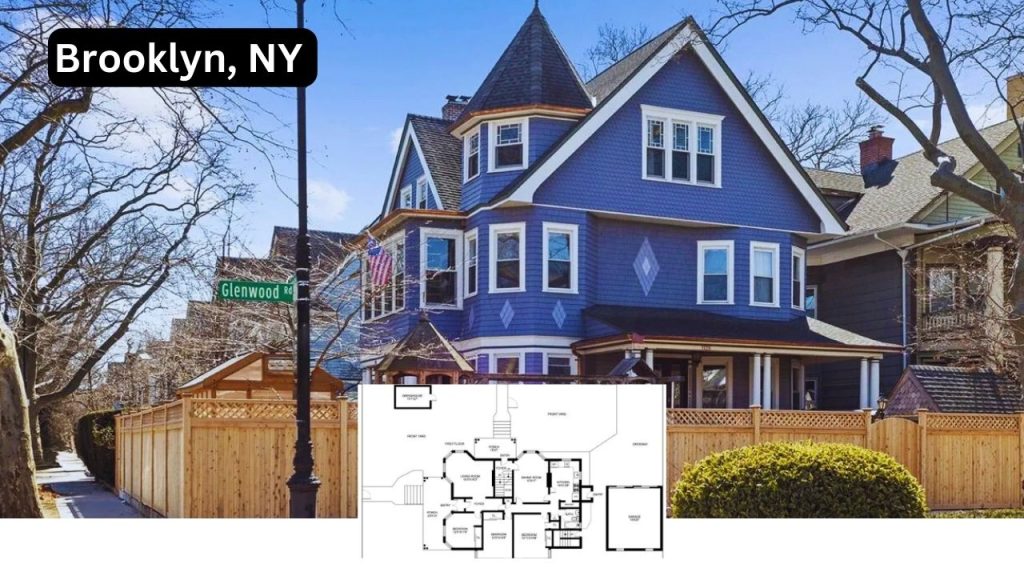 Grand 9-bedroom multi-family home in Brooklyn with a striking blue exterior and classic architectural details