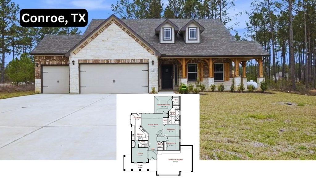 Rustic Texas home with brick and stone exterior, three-car garage, and front porch.