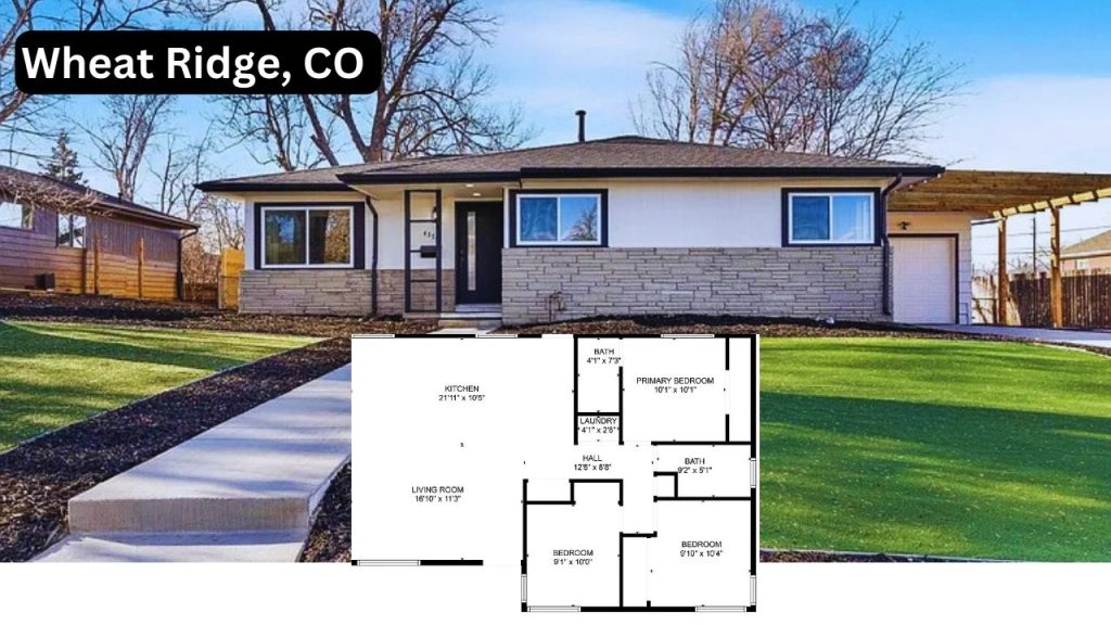 A modern ranch-style home in Wheat Ridge, CO, featuring a well-manicured lawn, clean architectural lines, and an attached carport. A floor plan overlay showcases the home's layout, including a spacious kitchen, living area, and three bedrooms.