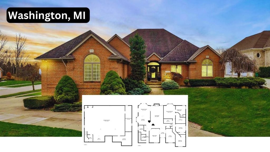 A brick home with arched windows, a landscaped front yard, and an evening sky in Washington, MI.