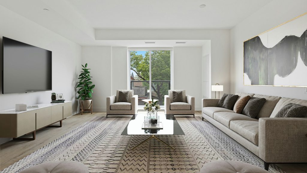 living room with white and black area rug and white wooden framed glass window